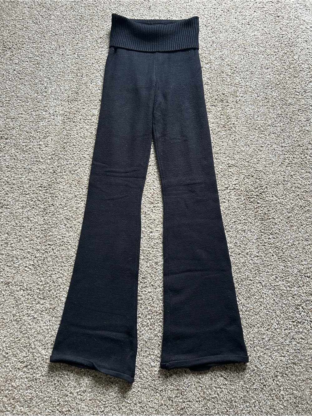 Black Knit Flare Pants with Fold-Over Waistband